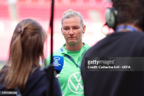 Alexandra Popp of VfL Wolfsburg speaks in an interview ahead of a training session prior to the UEFA Women's Champions League final match between FC...