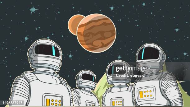 retro pop art astronaut team in space poster stock illustration - cientist rocket stock illustrations