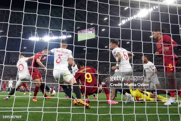 Tammy Abraham of AS Roma and Yassine Bounou of Sevilla FC in action during the UEFA Europa League 2022/23 final match between Sevilla FC and AS Roma...