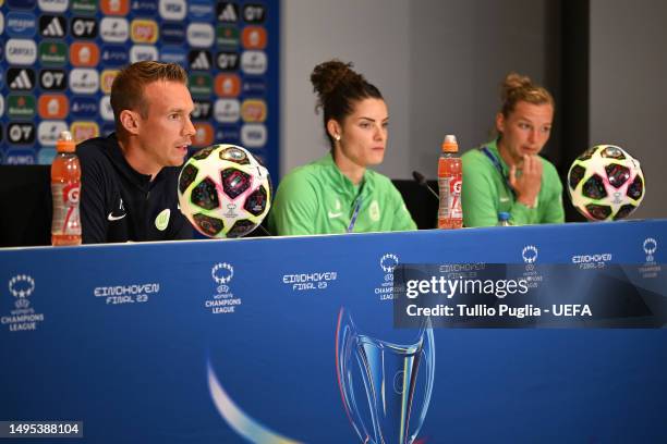 Tommy Stroot, Head Coach of VfL Wolfsburg, Dominique Janssen and Alexandra Popp of VfL Wolfsburg speak to the media in a press conference, ahead of a...