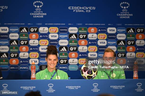 Dominique Janssen and Alexandra Popp of VfL Wolfsburg speak to the media in a press conference, ahead of a training session, prior to the UEFA...