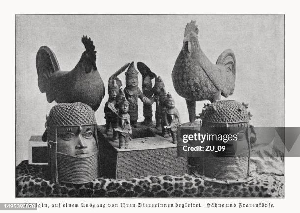 various benin bronzes, halftone print, published in 1899 - benin stock illustrations