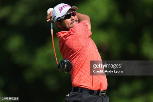 Hideki Matsuyama of Japan hits a tee shot on the 18th hole during the second round of the Memorial Tournament presented by Workday at Muirfield...