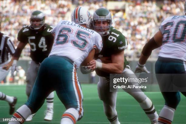 Defensive End/Defensive Tackle Andy Harmon of the Philadelphia Eagles engages at the line in the game between the Miami Dolphins vs the Philadelphia...