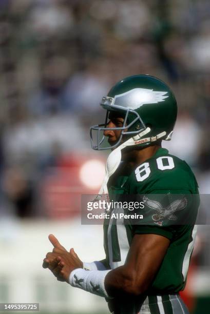 Wide Receiver James Lofton of the Philadelphia Eagles follows the action in the game between the Miami Dolphins vs the Philadelphia Eagles at...
