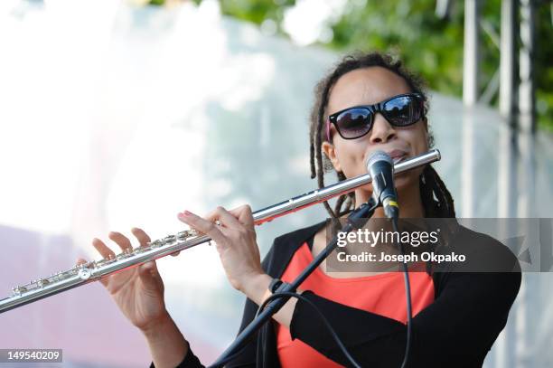 Marcia Richards of The Skints perform on Day 4 at the Band Stand at BT London Live at Hyde Park on July 30, 2012 in London, England.