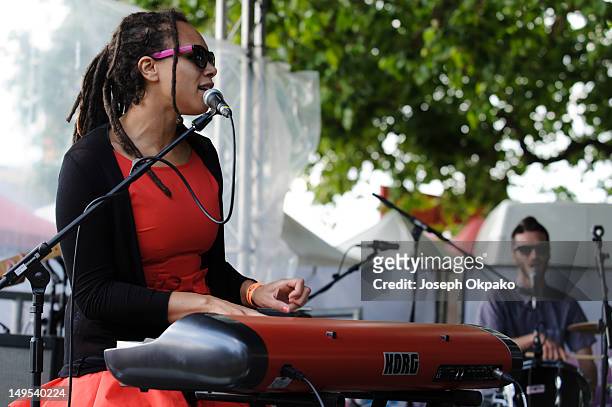 Marcia Richards of The Skints perform on Day 4 at the Band Stand at BT London Live at Hyde Park on July 30, 2012 in London, England.