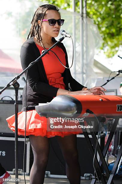 Marcia Richards of The Skints perform on Day 4 at the Band Stand at BT London Live at Hyde Park on July 30, 2012 in London, England.