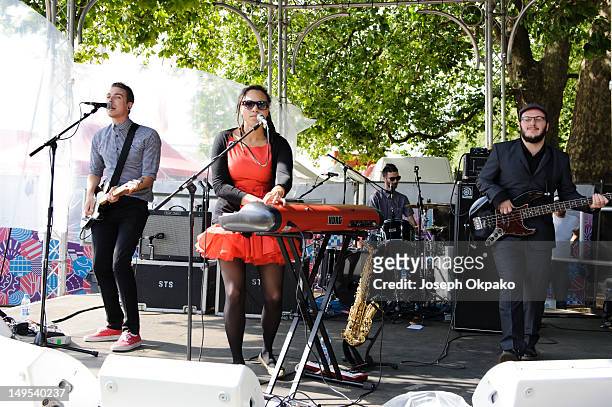 Joshua Waters, Marcia Richards, Jamie Kyriakides and Jonathan Doyle of The Skints perform on Day 4 at the Band Stand at BT London Live at Hyde Park...