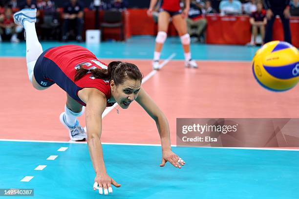 Logan Tom of United States dives for the ball in the Women's Volleyball Preliminary match between the United States and Brazil on Day 3 of the London...