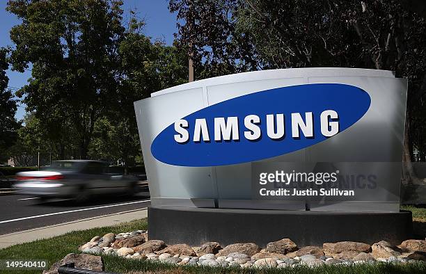 Sign is posted in front of a Samsung Electronics office on July 30, 2012 in San Jose, California. The trial in the Apple Inc. And Samsung Electronics...