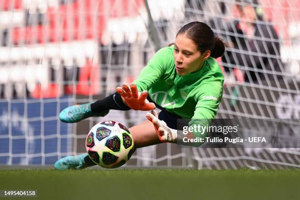 Julia Kassen of VfL Wolfsburg makes a save during a training session prior to the UEFA Women's Champions League final match between FC Barcelona and...