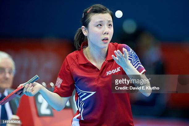 Summer Olympics: USA Ariel Hsing in action vs China Li Xiaoxia during Women's Singles 3rd Round at ExCeL London. London, United Kingdom 7/29/2012...