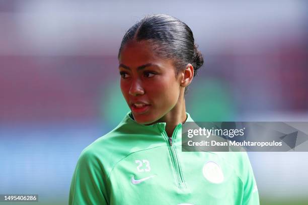 Sveindis Jane Jonsdottir of VfL Wolfsburg looks on during a training session prior to the UEFA Women's Champions League final match between FC...