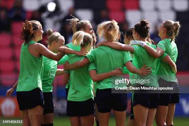 Players of VfL Wolfsburg interact during a training session prior to the UEFA Women's Champions League final match between FC Barcelona and VfL...
