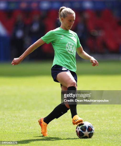 Rebecka Blomqvist of VfL Wolfsburg controls the ball during a training session prior to the UEFA Women's Champions League final match between FC...