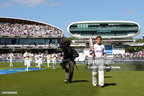 Ollie Pope of England raises his bat after his innings of 205 during day two of the LV= Insurance Test Match between England and Ireland at Lord's...