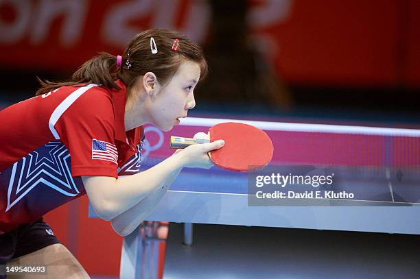 Summer Olympics: USA Ariel Hsing in action vs China Li Xiaoxia during Women's Singles 3rd Round at ExCeL London. London, United Kingdom 7/29/2012...