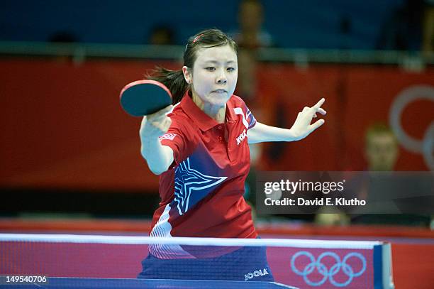 Summer Olympics: USA Ariel Hsing in action vs China Li Xiaoxia during Women's Singles 3rd Round at ExCeL London. London, United Kingdom 7/29/2012...