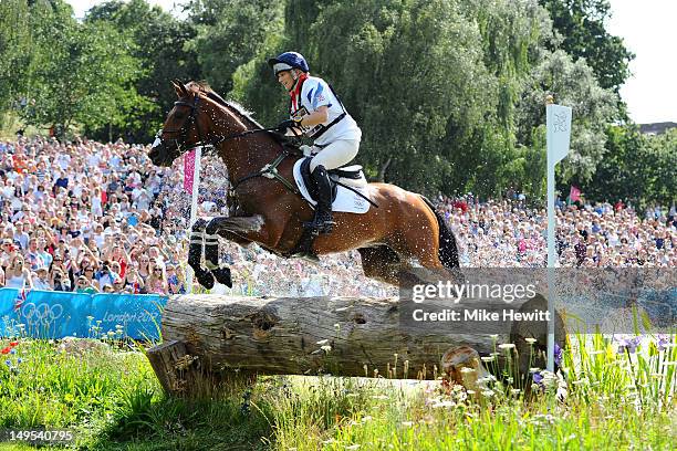 Zara Phillips of Great Britain riding High Kingdom negotiates a jump in the Eventing Cross Country Equestrian event on Day 3 of the London 2012...
