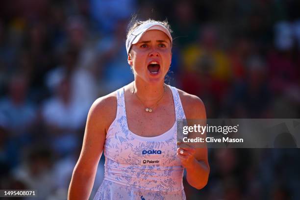 Elina Svitolina of Ukraine celebrates a point against Anna Blinkova in the Women's Singles Third Round match on Day Six of the 2023 French Open at...