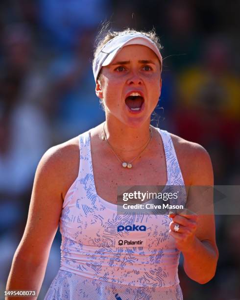 Elina Svitolina of Ukraine celebrates a point against Anna Blinkova in the Women's Singles Third Round match on Day Six of the 2023 French Open at...