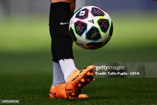 The UEFA Women's Champions League Final Match Ball is seen during a training session prior to the UEFA Women's Champions League final match between...