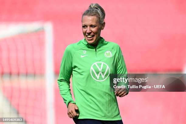 Kristin Demann of VfL Wolfsburg reacts during a training session prior to the UEFA Women's Champions League final match between FC Barcelona and VfL...