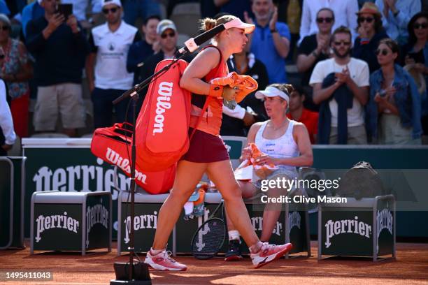 Anna Blinkova walks past Elina Svitolina of Ukraine after the Women's Singles Third Round match on Day Six of the 2023 French Open at Roland Garros...