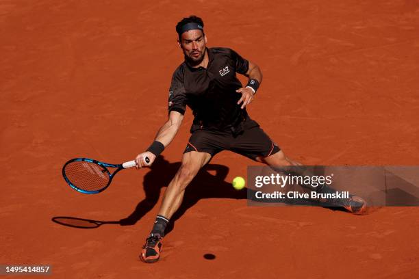 Fabio Fognini of Italy plays a forehand against Sebastian Ofner of Austria during the Men's Singles Third Round match on Day Six of the 2023 French...