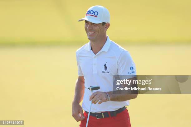 Billy Horschel of the United States reacts to a putt on the 10th green during the second round of the Memorial Tournament presented by Workday at...