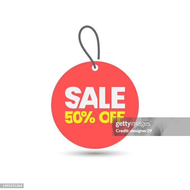 sale-tag und 50% rabatt auf vektordesign auf weißem hintergrund. - off white designer label stock-grafiken, -clipart, -cartoons und -symbole