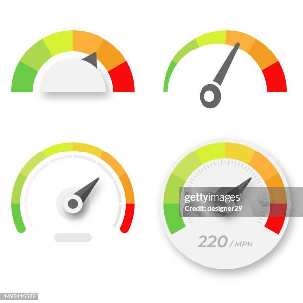 speedometer, credit score and level measure icon set vector design. - speedometer stock illustrations