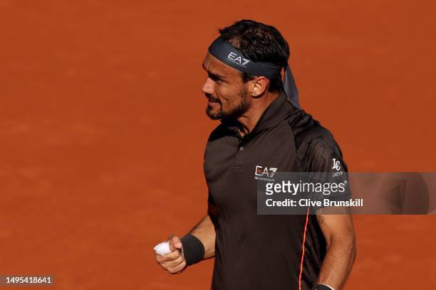 Fabio Fognini of Italy celebrates a point against Sebastian Ofner of Austria during the Men's Singles Third Round match on Day Six of the 2023 French...