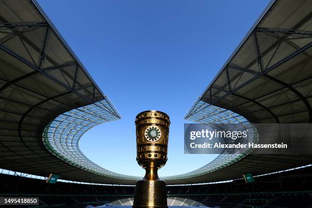 The DFB Cup trophy is seen one day ahead of the DFB Cup Final between RB Leipzig and Eintracht Frankfurt at Olympiastadion Berlin on June 03, 2023 in...