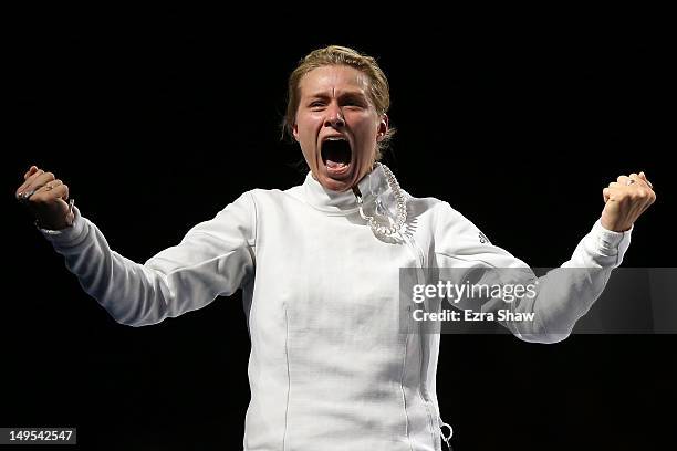 Britta Heidemann of Germany celebrates defeating A Lam Shin of Korea during the Women's Epee Individual Fencing Semifinals on Day 3 of the London...