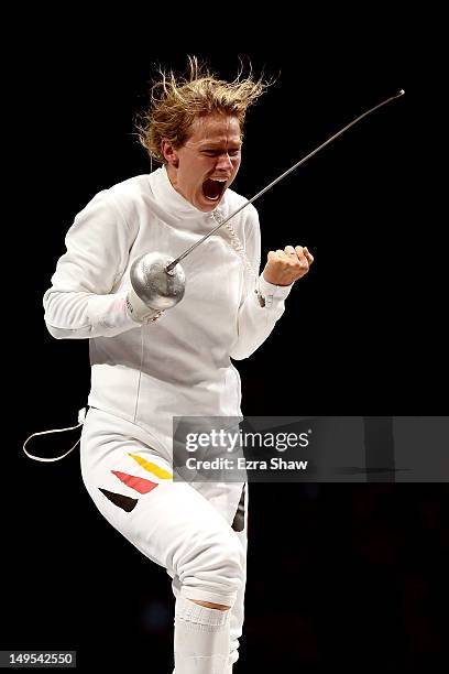 Britta Heidemann of Germany celebrates defeating A Lam Shin of Korea during the Women's Epee Individual Fencing Semifinals on Day 3 of the London...