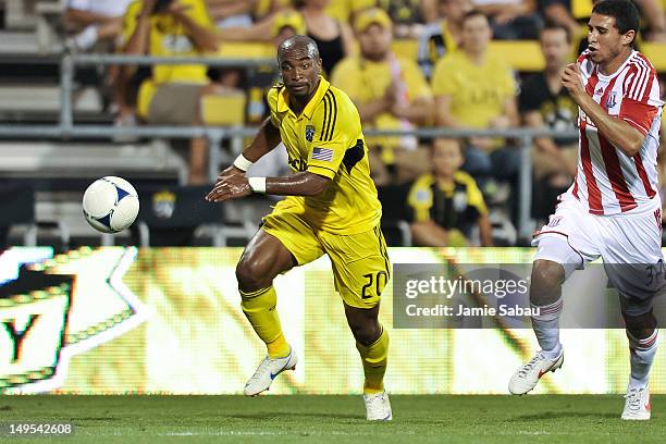 Emilio Renteria of the Columbus Crew controls the ball against Stoke City FC on July 24, 2012 at Crew Stadium in Columbus, Ohio.