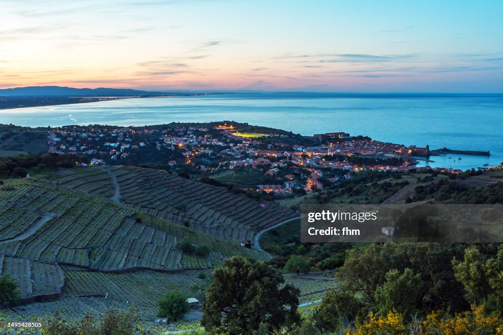 Historic village near Mediterranean Sea at sunset