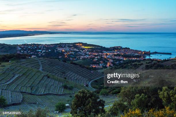 historic village near mediterranean sea at sunset - pirenéus orientais imagens e fotografias de stock