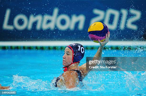 Kelly Rulon of the United States looks for a pass during the Women's Water Polo Preliminary match between Hungary and the United States on Day 3 of...
