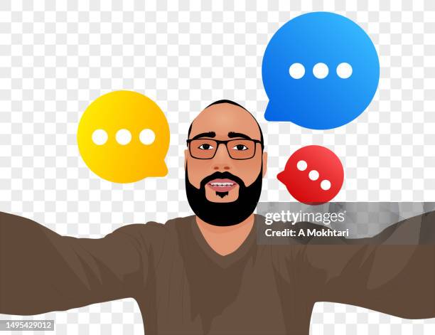 man with speech bubble chatting internet conversation... - men beard talking stock illustrations