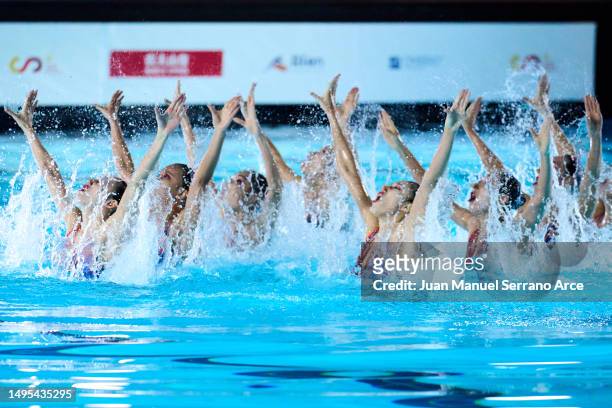 The China team competes in the Artistic Swimming Women's Mixed Team Technical Final during day one of the World Aquatics Artistic Swimming World Cup...