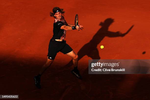 Stefanos Tsitsipas of Greece plays a forehand against Diego Schwartzman of Argentina during the Men's Singles Third Round match on Day Six of the...