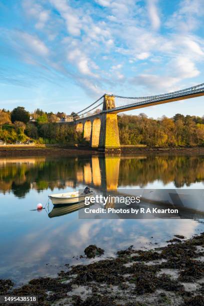 menai suspension bridge, anglesey, north wales - anglesey wales stock pictures, royalty-free photos & images