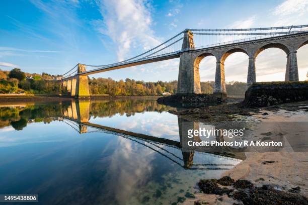 menai suspension bridge, anglesey, north wales - menai straits stock pictures, royalty-free photos & images