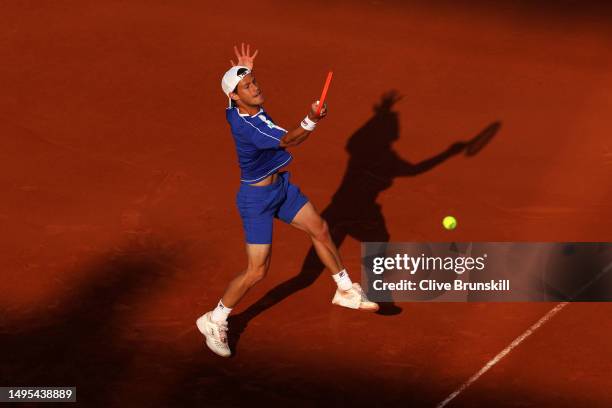 Diego Schwartzman of Argentina plays a forehand against Stefanos Tsitsipas of Greece during the Men's Singles Third Round match on Day Six of the...