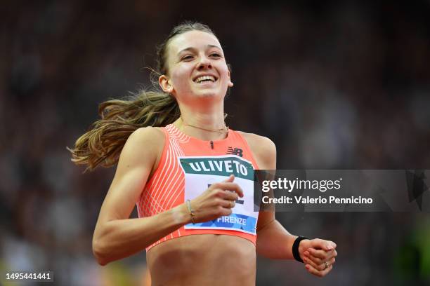 Femke Bol of Netherlands celebrates victory in the Women's 400m Hurdles during the Golden Gala Pietro Mennea, part of the Diamond League series at...