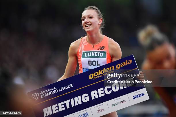 Femke Bol of Netherlands celebrates victory and a meeting record in the Women's 400m Hurdles during the Golden Gala Pietro Mennea, part of the...