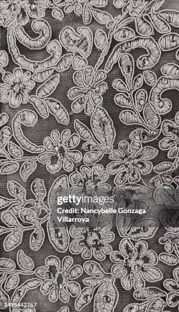 silver gray intricate lace fabric - dentelle en matière textile photos et images de collection